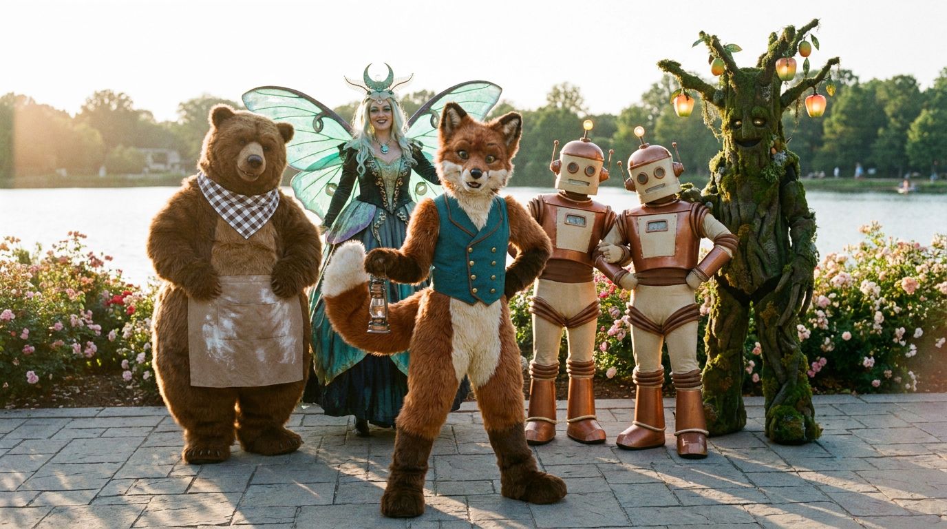 Five performers in beautifully crafted character costumes — a fox, a bear chef, a luna moth queen, two copper robots, and a walking tree — posed together on the lakeside promenade at golden hour.
