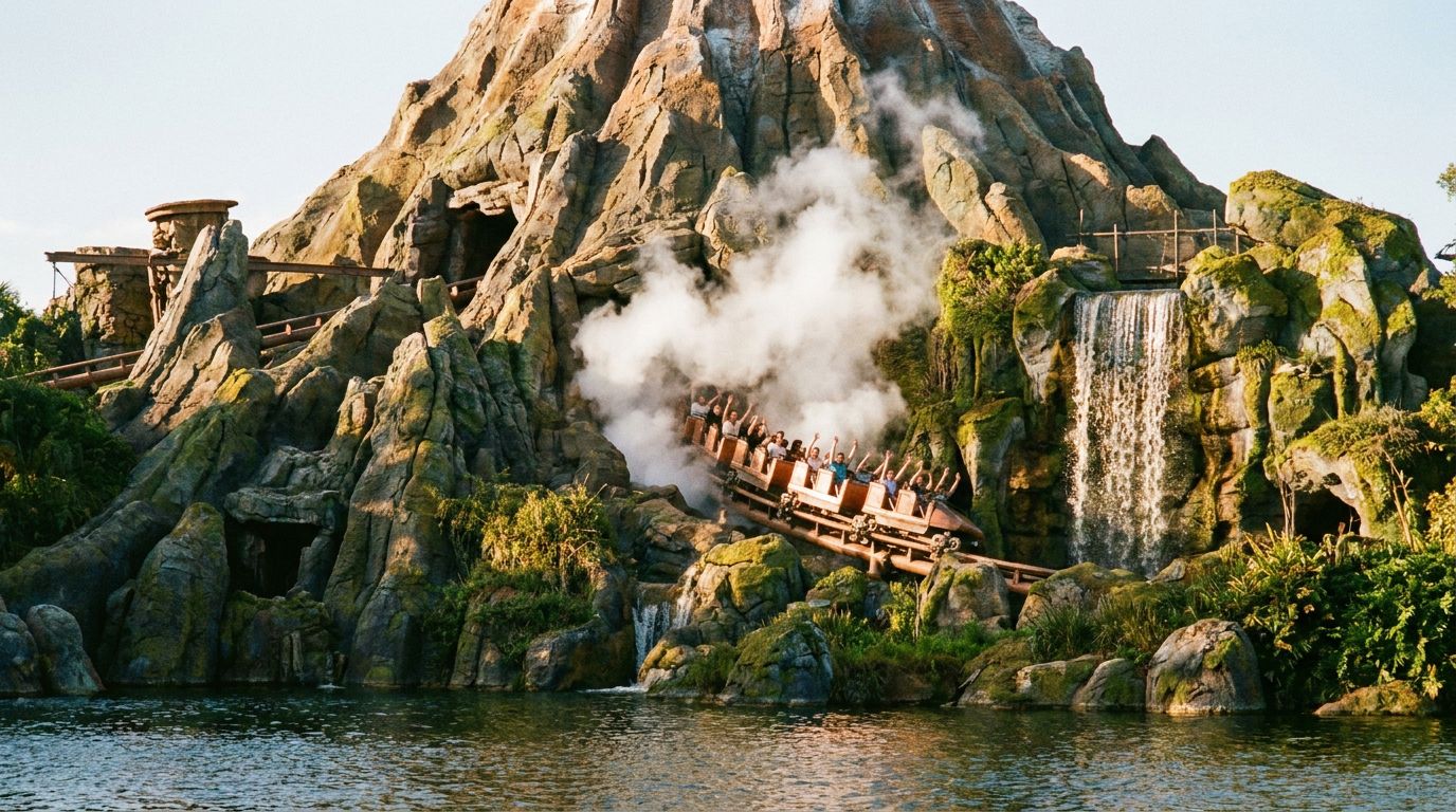 A launch coaster train bursting from the side of a massive landscaped volcano through white steam, diving toward a lake past a waterfall.