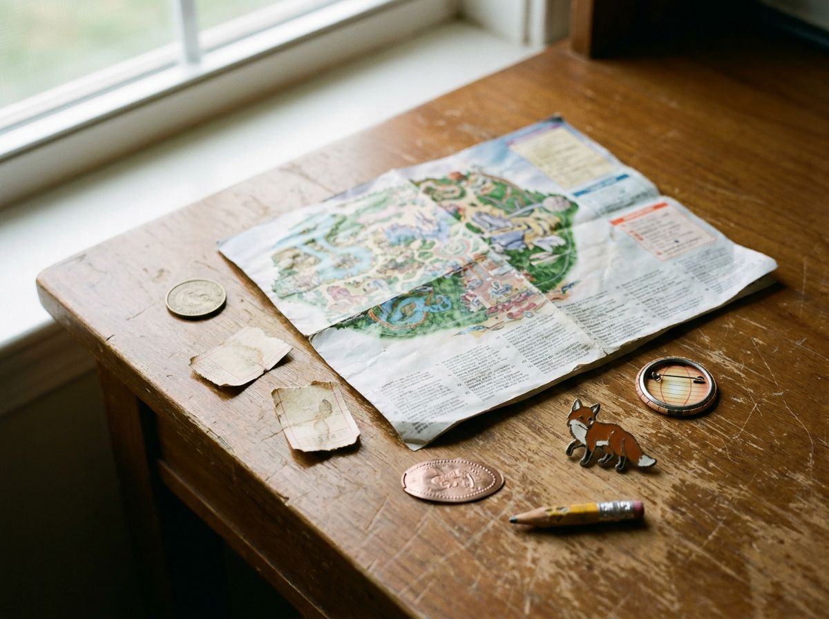 Flat-lay of keepsakes on a wooden desk: a creased park map, a brass coin, ticket stubs, a pressed penny, an enamel fox pin, and a pencil stub.