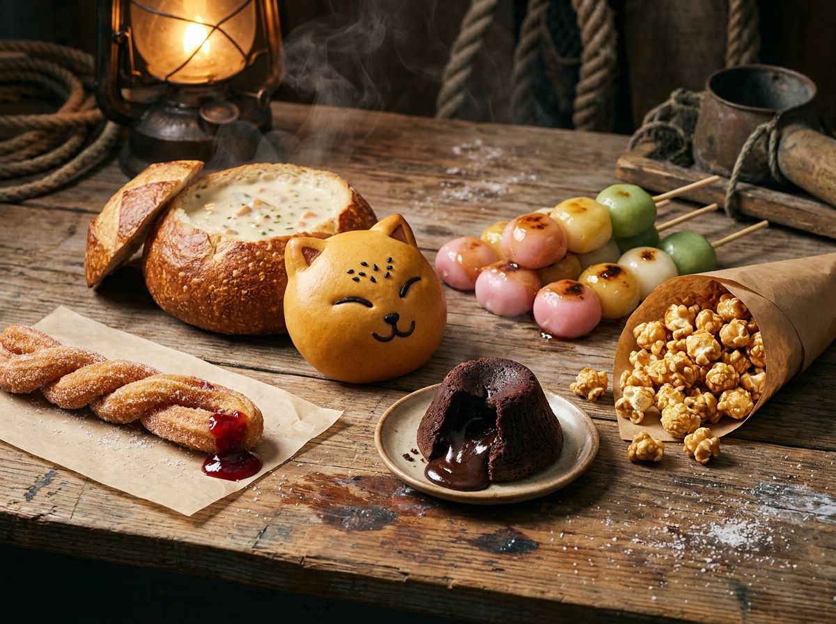 Overhead photo of harbor-table food at lantern light: chowder in a bread bowl, a fox-shaped steamed bun, mochi skewers, a stuffed churro, a tiny molten chocolate volcano, and caramel popcorn.