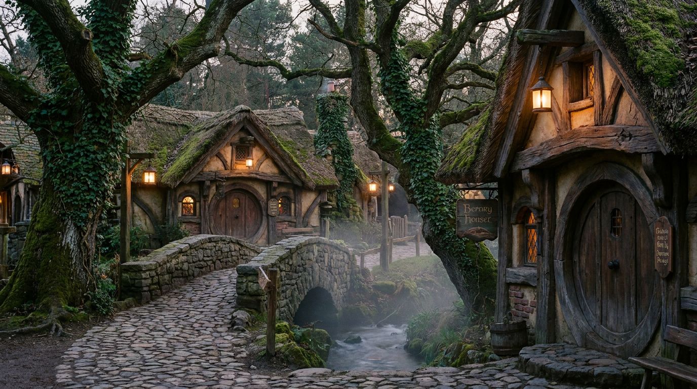 Storybook thatched cottages with round doors built between enormous mossy oak trees at dusk, lantern light in the windows, mist over a brook.