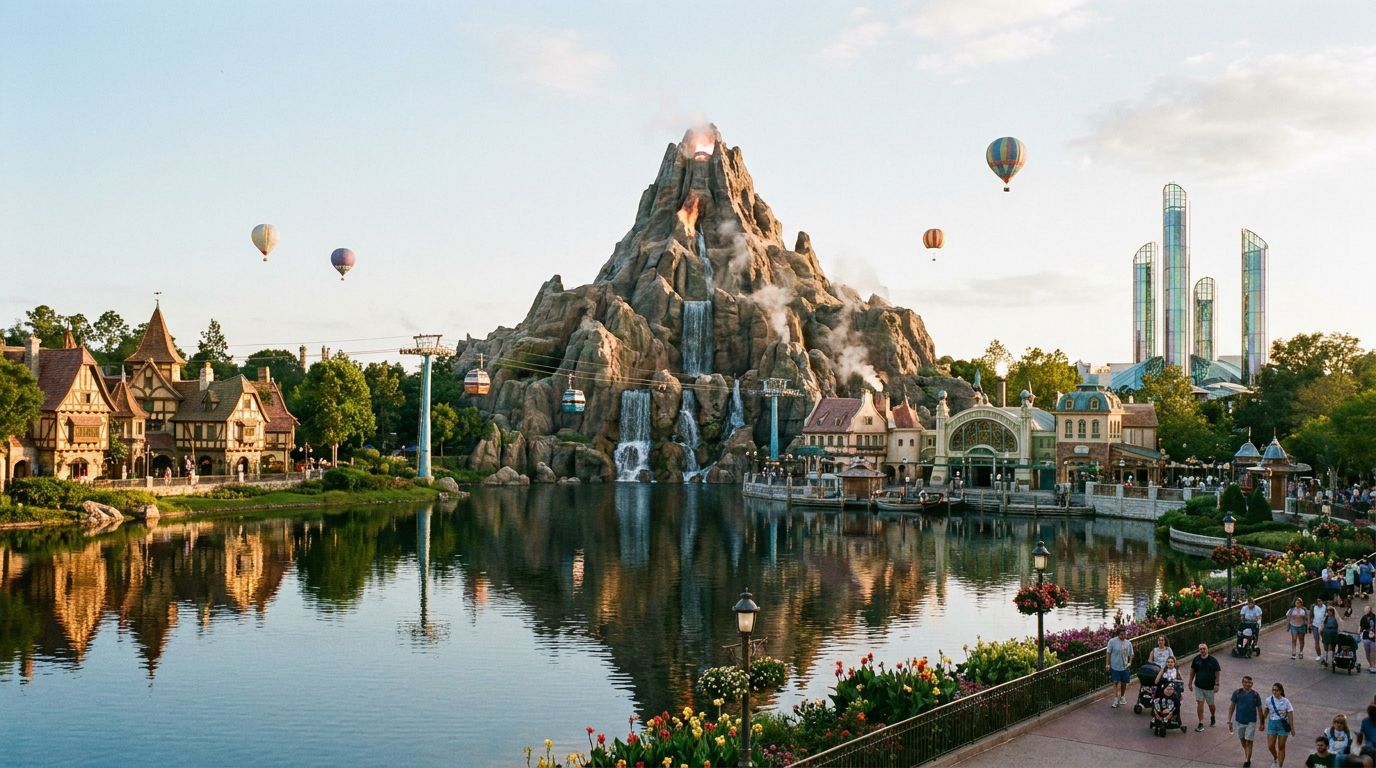 Panorama of Crossroads across its lake at golden hour: a landscaped mountain with waterfalls at center, a storybook village on the left shore, glass towers on the right, and a gondola lift crossing overhead.
