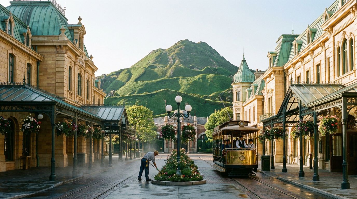 A grand car-free esplanade of honey-colored art nouveau facades with a brass tram, glass arcades, and a landscaped green mountain framed at the end of the street.