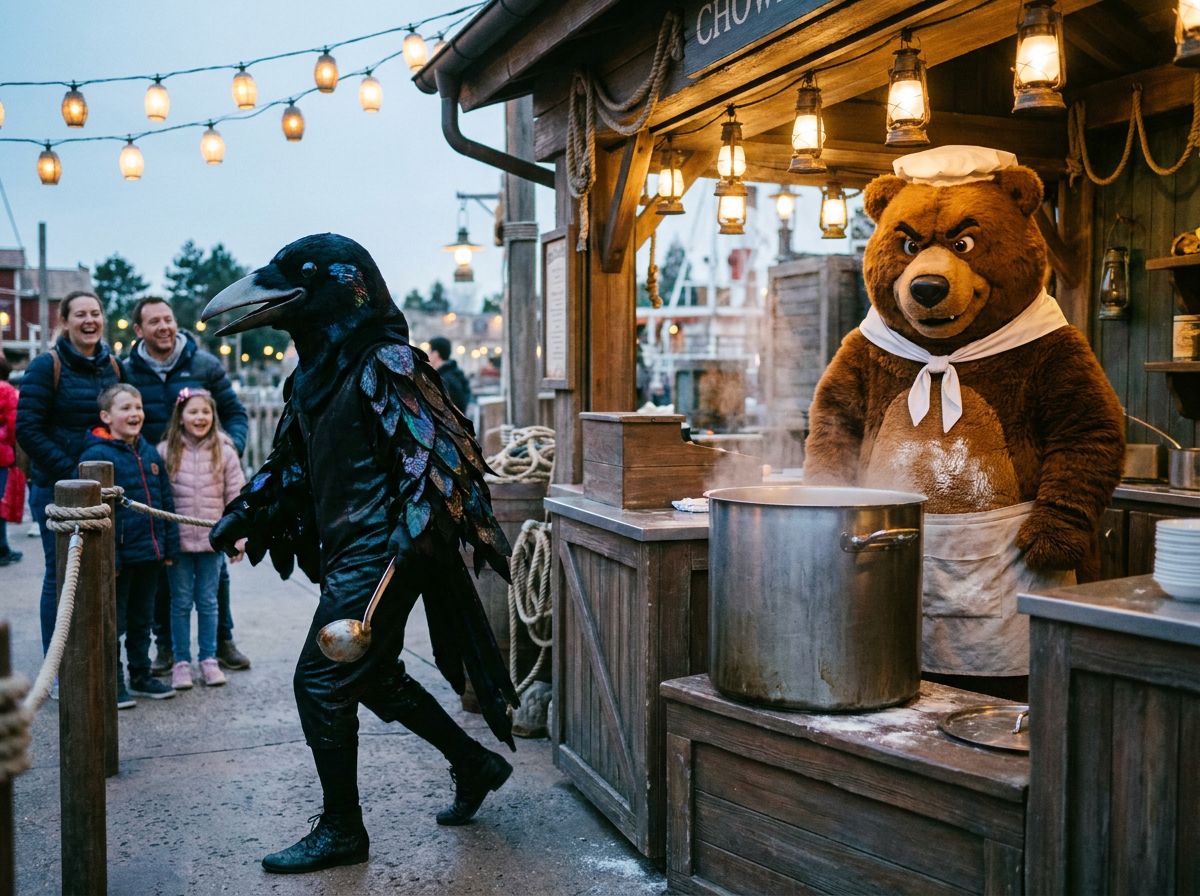 A performer in a glossy black magpie costume strutting along a food stall counter clutching a stolen silver ladle while a bear-chef character glares from behind a chowder pot.