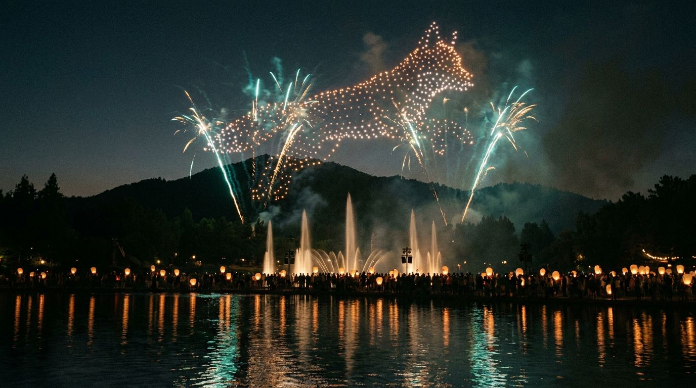 Night photo over the lake: drone lights forming a giant leaping fox above the dark mountain, illuminated fountains, teal and gold fireworks, and a lantern-holding crowd along the shore.