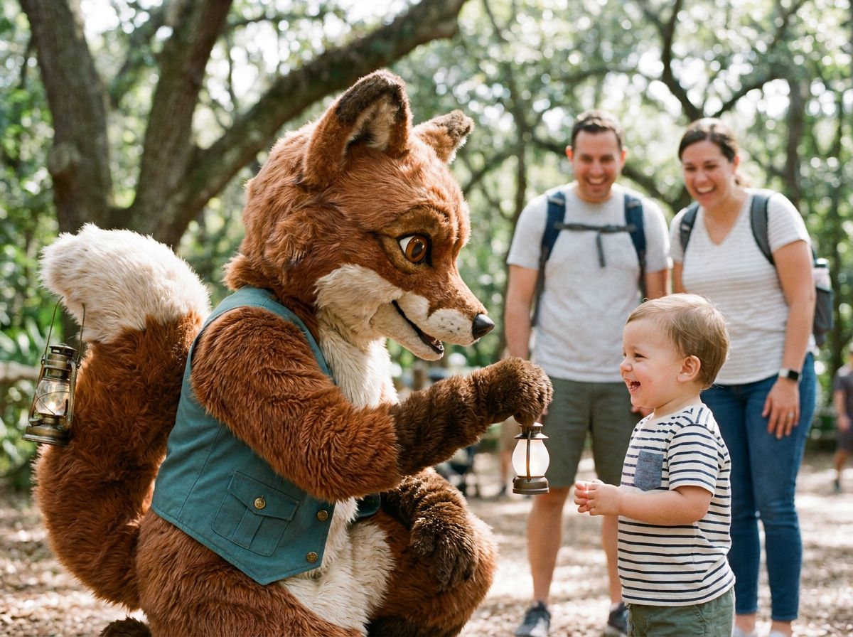 A performer in an immaculate fox costume kneeling at eye level with a laughing child in a sunlit clearing, handing over a tiny lantern charm.