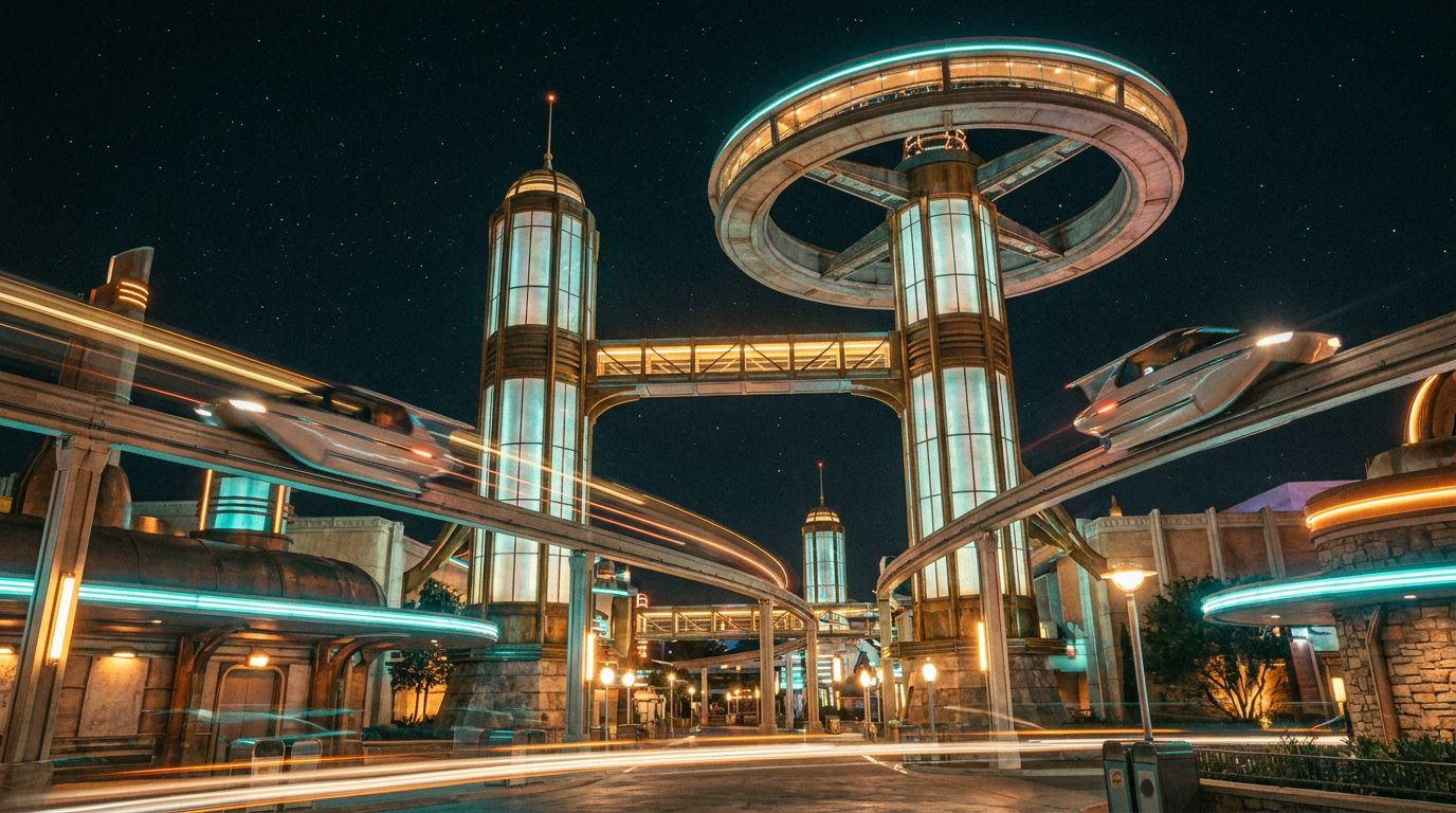 A retro-futuristic land at night: opalescent glass-and-brass towers linked by lit skybridges, glider vehicles on elevated rails, and a rotating observation ring.