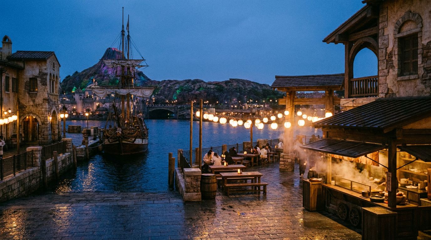 A harbor district at blue hour with stone quays, strings of paper lanterns, steam rising from food stalls, and a tall ship moored across the water.