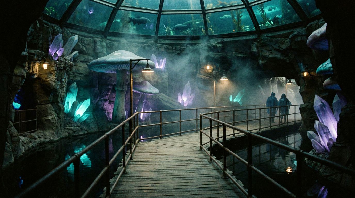 A dim boardwalk winding over black water through giant glowing teal and violet mushrooms and crystals beneath a vaulted glass ceiling.
